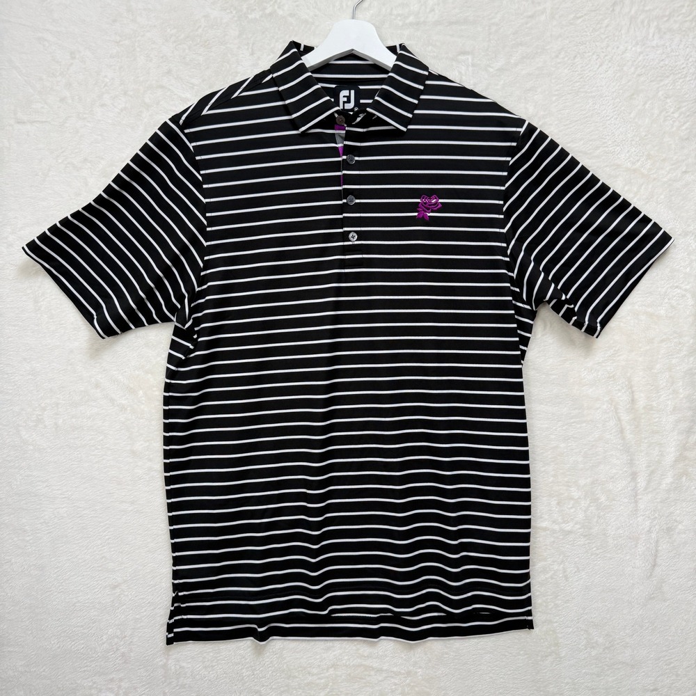 FootJoy Polo Shirt Mens Medium Black White Striped Rose Embroidered Golf Top‎